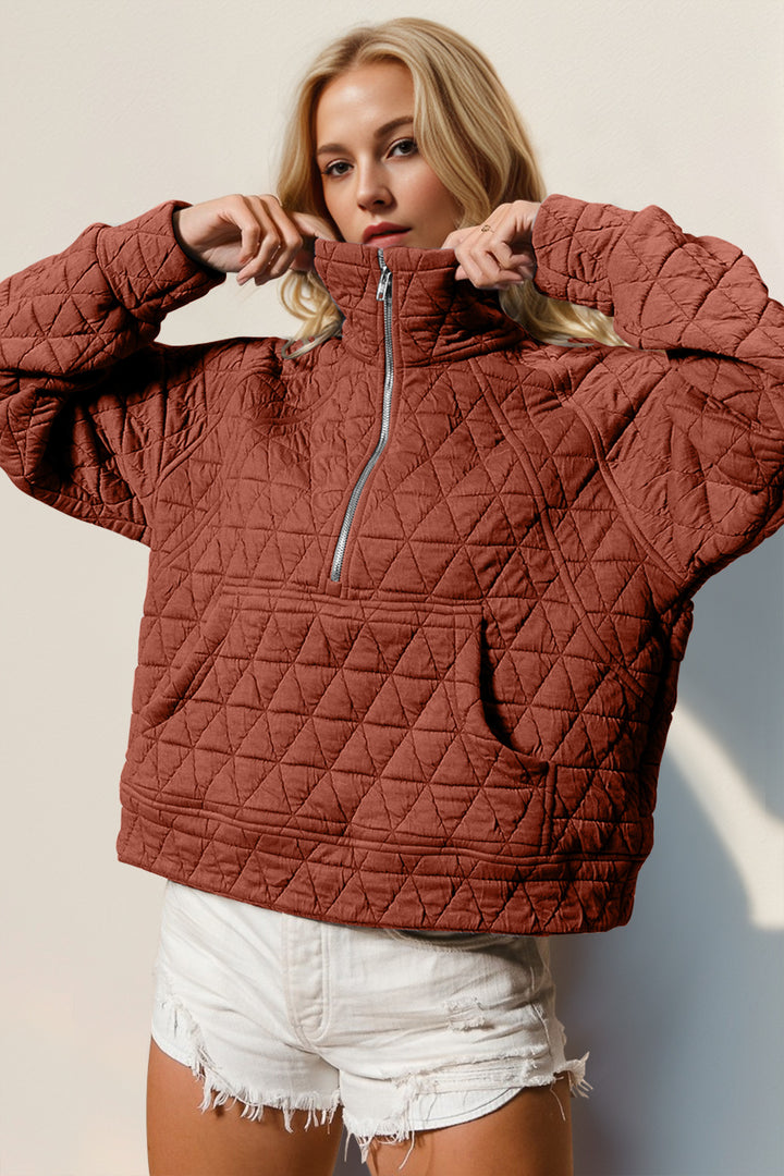 Double Take Half Zip Long Sleeve Quilted Sweatshirt with Pocket-Trendsi-Caramel-S-[option4]-[option5]-[option6]-[option7]-[option8]-Shop-Boutique-Clothing-for-Women-Online