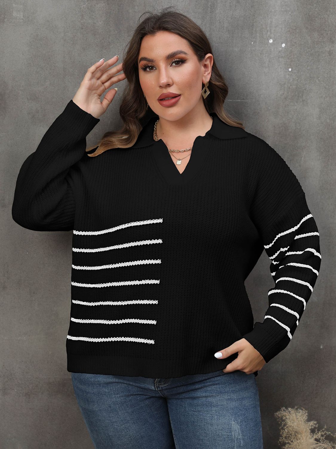 Plus Size Striped V-Neck Sweater-Sweaters-Trendsi-[option4]-[option5]-[option6]-[option7]-[option8]-Shop-Boutique-Clothing-for-Women-Online
