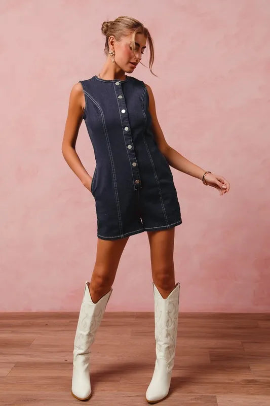 SO ME Button Up Front Washed Denim Sleeveless Romper-Rompers-Trendsi-[option4]-[option5]-[option6]-[option7]-[option8]-Shop-Boutique-Clothing-for-Women-Online