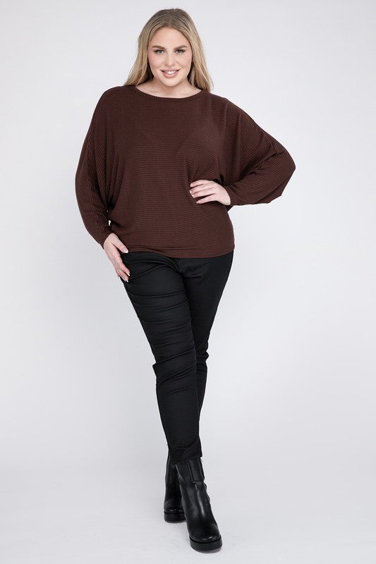 Zenana Plus Ribbed Batwing Long Sleeve Boat Neck Sweater-ZENANA-[option4]-[option5]-[option6]-[option7]-[option8]-Shop-Boutique-Clothing-for-Women-Online