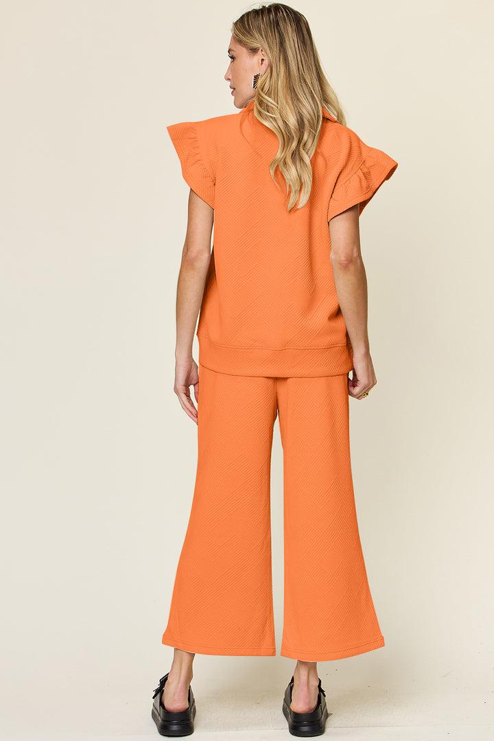 Double Take Texture Ruffle Short Sleeve Top and Drawstring Wide Leg Pants Set-Trendsi-[option4]-[option5]-[option6]-[option7]-[option8]-Shop-Boutique-Clothing-for-Women-Online