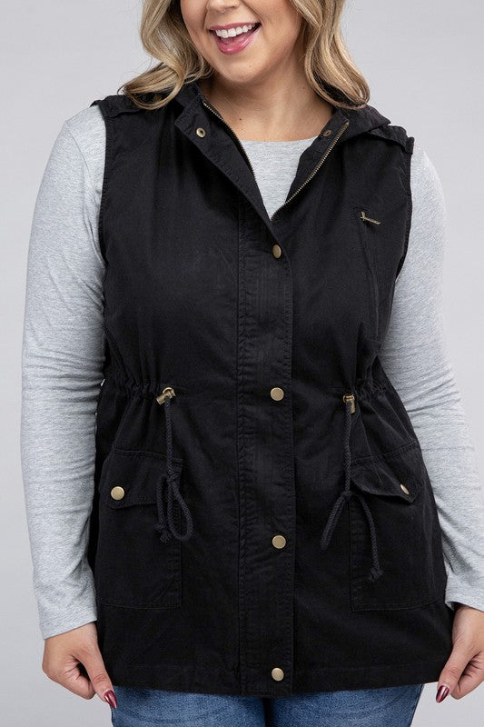 Zenana Plus Drawstring Waist Military Hoodie Vest-ZENANA-BLACK-1X-[option4]-[option5]-[option6]-[option7]-[option8]-Shop-Boutique-Clothing-for-Women-Online