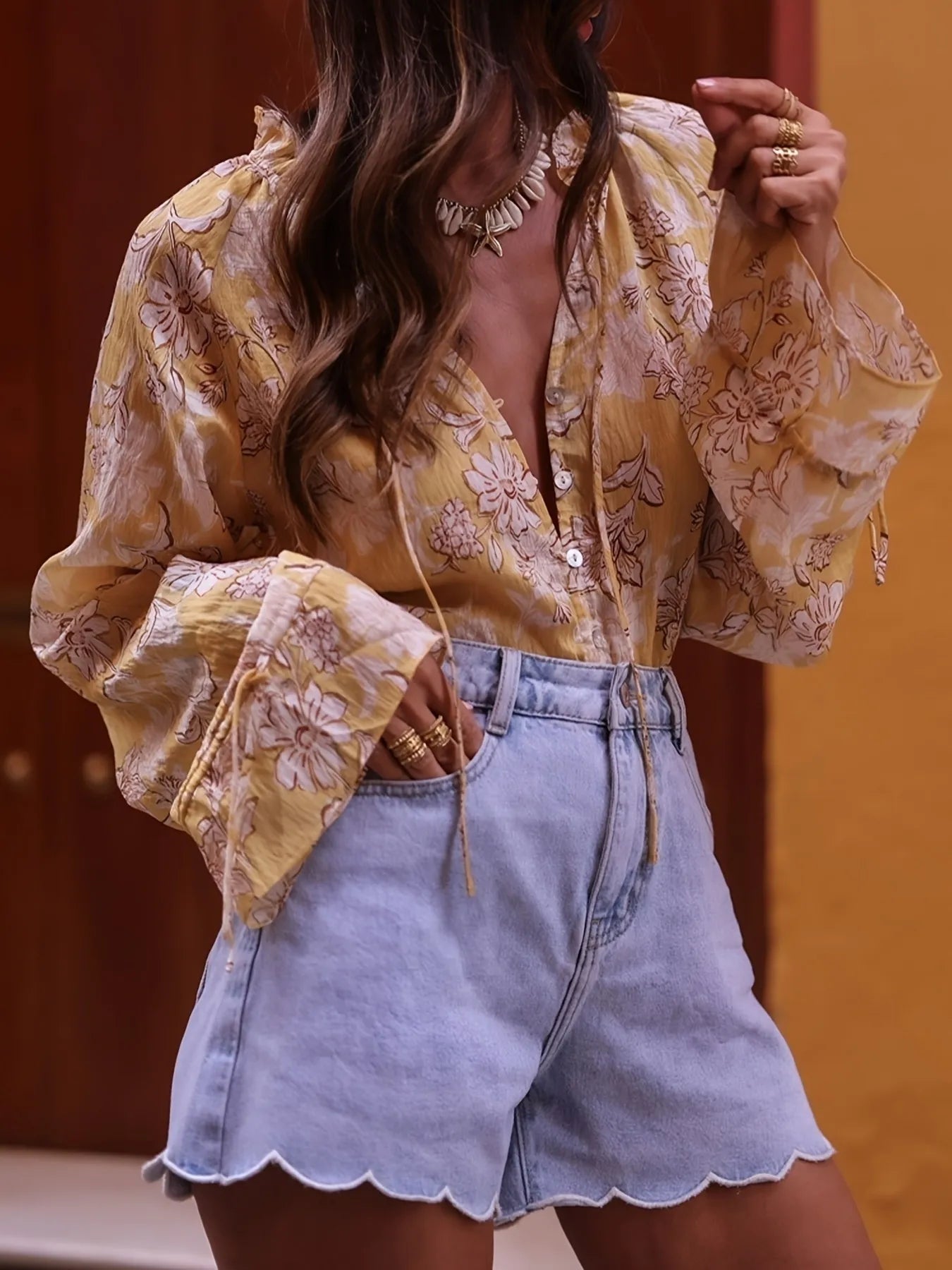 Printed Tie Neck Flounce Sleeve Blouse-Tops-Trendsi-[option4]-[option5]-[option6]-[option7]-[option8]-Shop-Boutique-Clothing-for-Women-Online