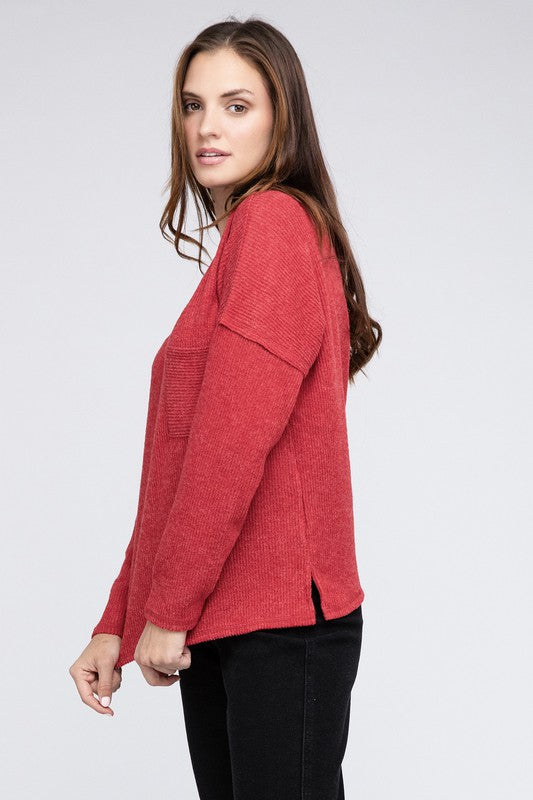 Zenana Ribbed Brushed Melange Hacci Sweater with a Pocket-ZENANA-[option4]-[option5]-[option6]-[option7]-[option8]-Shop-Boutique-Clothing-for-Women-Online