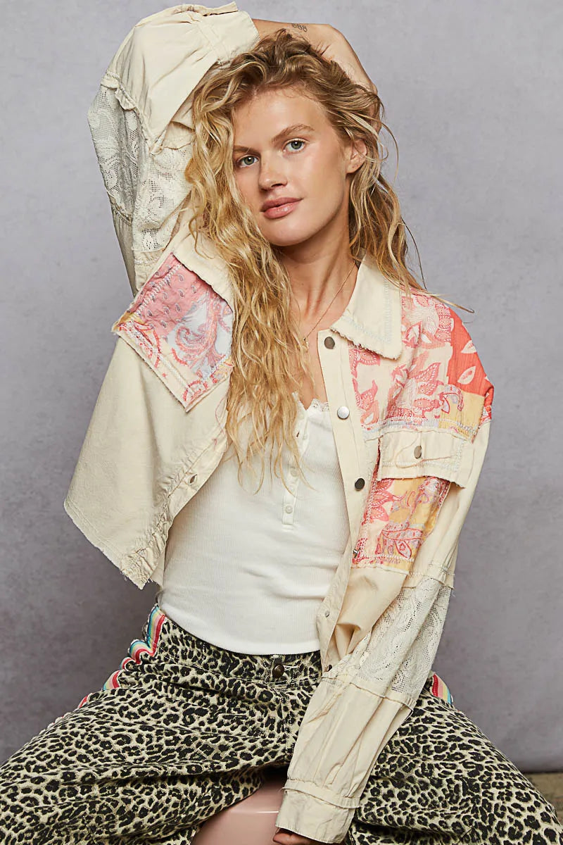 POL Printed Woven Mix Raw Hem Jacket with Lace Detail-Jacket-Trendsi-[option4]-[option5]-[option6]-[option7]-[option8]-Shop-Boutique-Clothing-for-Women-Online