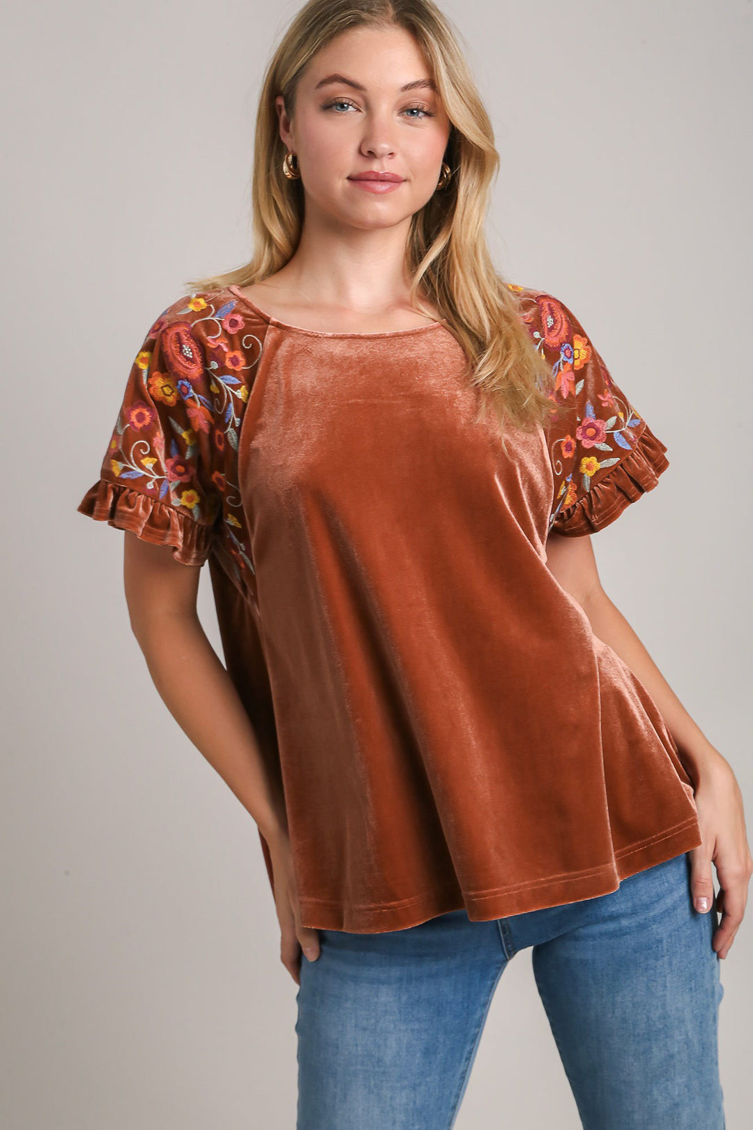 Umgee Velvet Embroidery Short Sleeve Blouse-Trendsi-Brown-S-[option4]-[option5]-[option6]-[option7]-[option8]-Shop-Boutique-Clothing-for-Women-Online