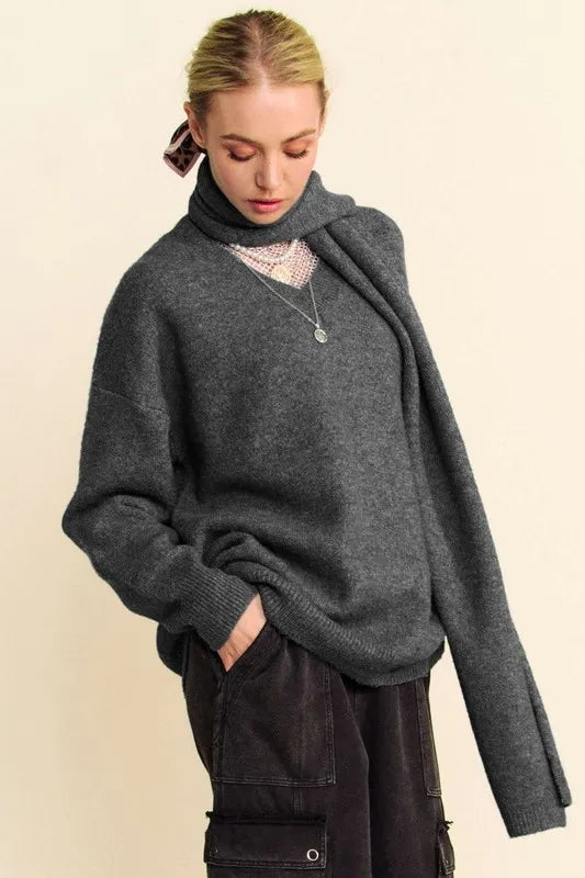 Davi & Dani V-Neck Dropped Shoulder Sweater with Scarf-Sweaters-Trendsi-[option4]-[option5]-[option6]-[option7]-[option8]-Shop-Boutique-Clothing-for-Women-Online