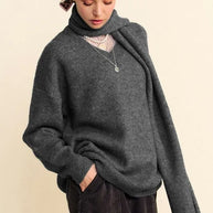 Davi & Dani V-Neck Dropped Shoulder Sweater with Scarf-Sweaters-Trendsi-[option4]-[option5]-[option6]-[option7]-[option8]-Shop-Boutique-Clothing-for-Women-Online