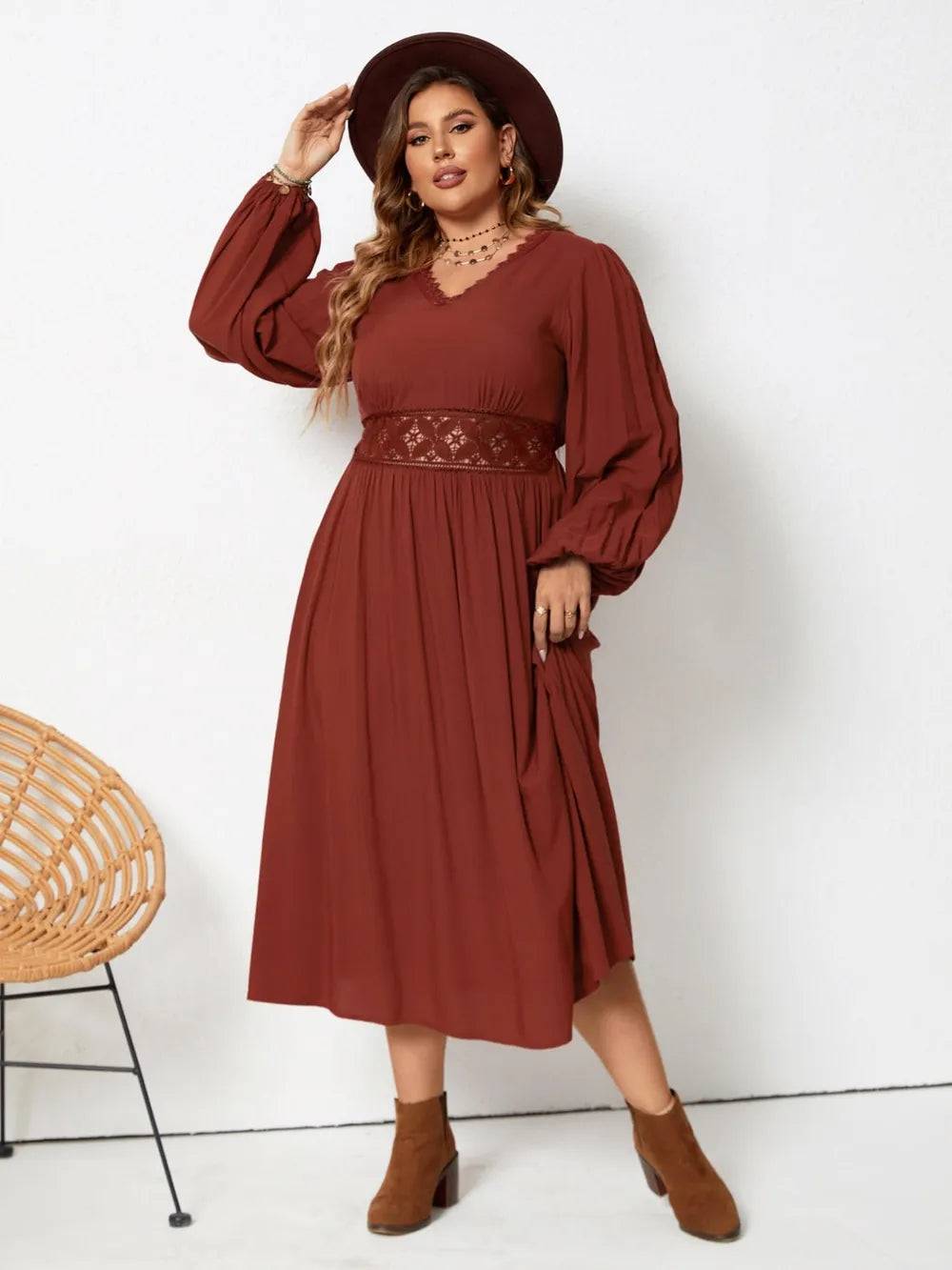 Plus Size Lace Detail V-Neck Balloon Sleeve Dress-Dresses-Trendsi-[option4]-[option5]-[option6]-[option7]-[option8]-Shop-Boutique-Clothing-for-Women-Online