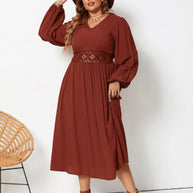 Plus Size Lace Detail V-Neck Balloon Sleeve Dress-Dresses-Trendsi-[option4]-[option5]-[option6]-[option7]-[option8]-Shop-Boutique-Clothing-for-Women-Online
