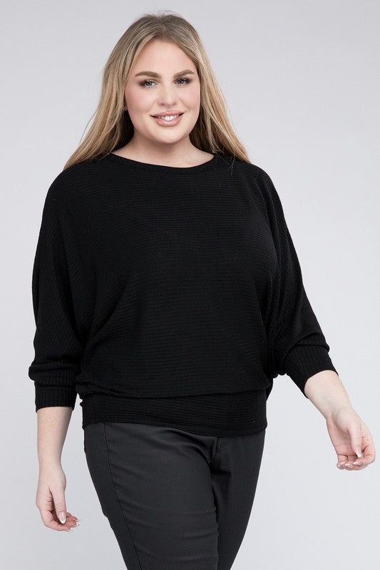 Zenana Plus Ribbed Batwing Long Sleeve Boat Neck Sweater-ZENANA-[option4]-[option5]-[option6]-[option7]-[option8]-Shop-Boutique-Clothing-for-Women-Online