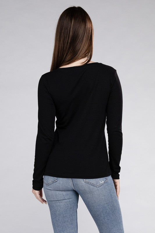 Zenana Cotton V-Neck Long Sleeve T-Shirt-ZENANA-[option4]-[option5]-[option6]-[option7]-[option8]-Shop-Boutique-Clothing-for-Women-Online