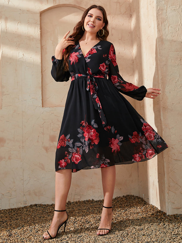Honey Plus Size Floral Surplice Neck Tie Waist Dress-Dresses-Trendsi-[option4]-[option5]-[option6]-[option7]-[option8]-Shop-Boutique-Clothing-for-Women-Online