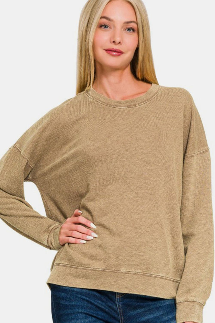 Zenana Washed Round Neck Dropped Shoulder Sweatshirt-Trendsi-Camel-S-[option4]-[option5]-[option6]-[option7]-[option8]-Shop-Boutique-Clothing-for-Women-Online