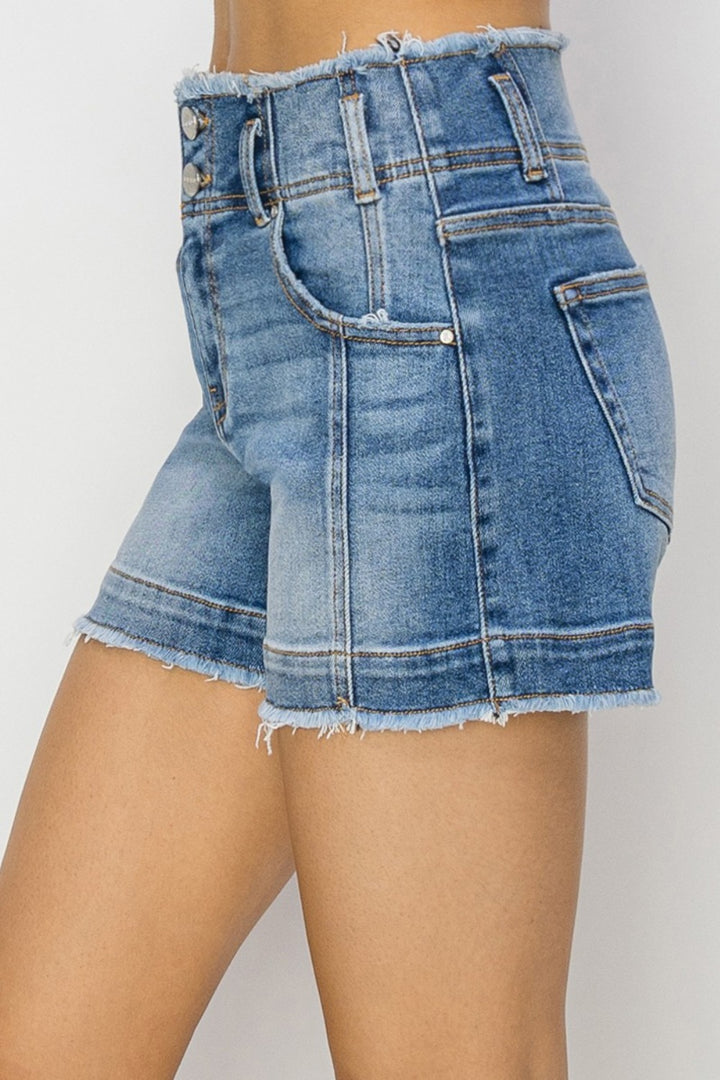 RISEN High Rise Seam Detailed Raw Edge Denim Shorts-Trendsi-[option4]-[option5]-[option6]-[option7]-[option8]-Shop-Boutique-Clothing-for-Women-Online