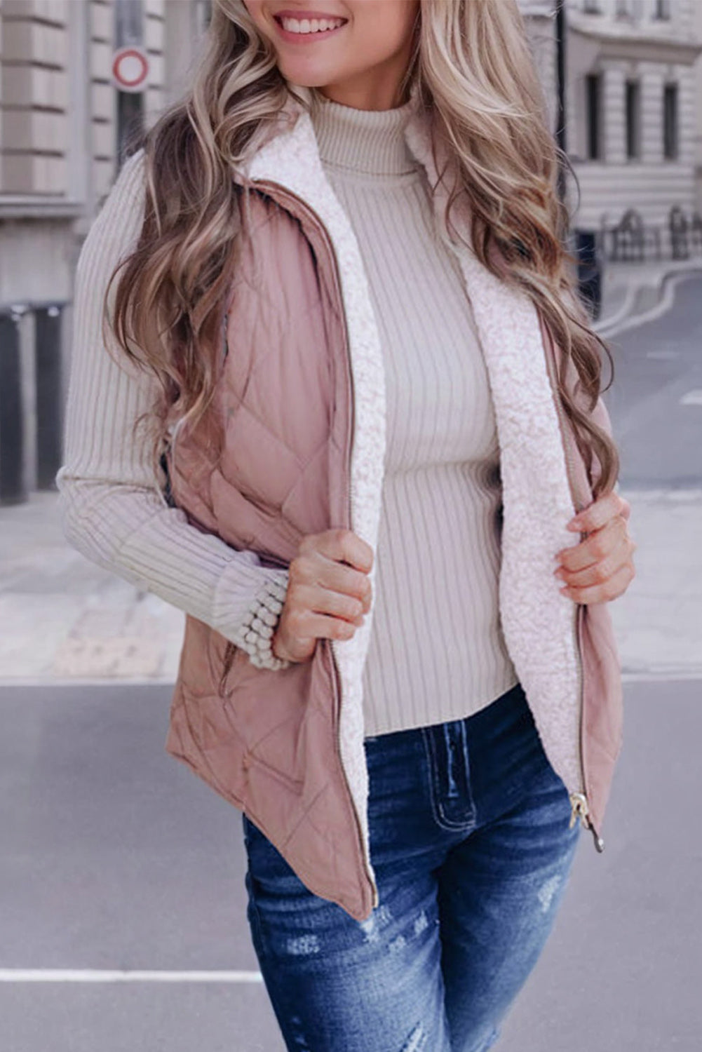 Zip Up Fleece Lined Quilted Vest-Coats-Shewin-Pink-S-[option4]-[option5]-[option6]-[option7]-[option8]-Shop-Boutique-Clothing-for-Women-Online