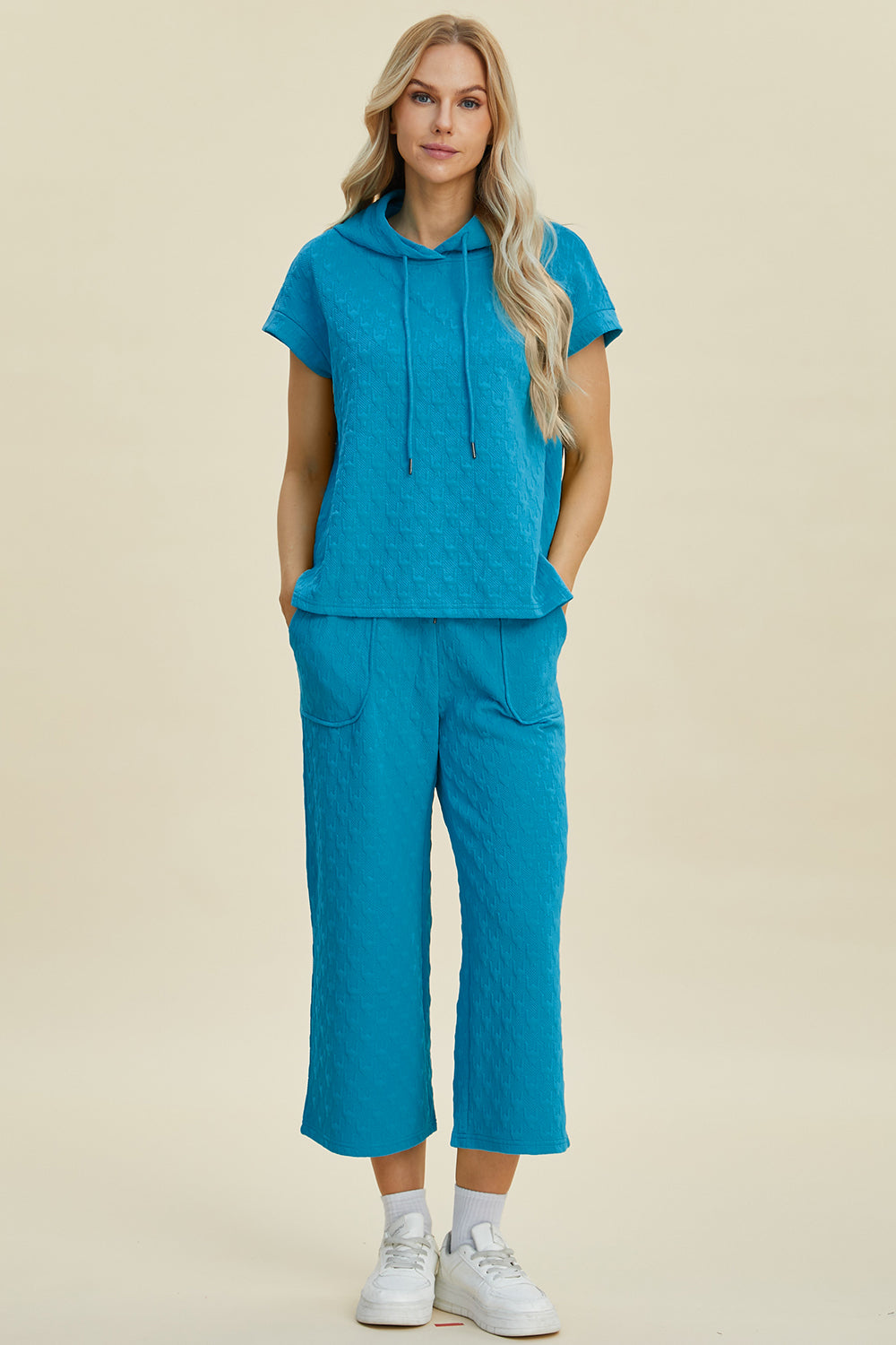 Double Take Texture Drawstring Short Sleeve Hoodie and Pocketed Pants Set-Trendsi-Cerulean-S-[option4]-[option5]-[option6]-[option7]-[option8]-Shop-Boutique-Clothing-for-Women-Online