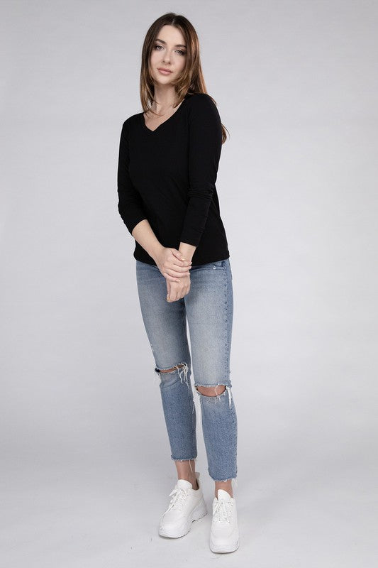 Zenana Cotton V-Neck Long Sleeve T-Shirt-ZENANA-[option4]-[option5]-[option6]-[option7]-[option8]-Shop-Boutique-Clothing-for-Women-Online