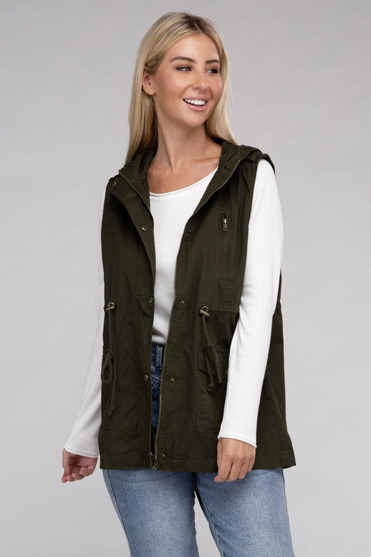 Zenana Drawstring Waist Military Hoodie Vest-ZENANA-[option4]-[option5]-[option6]-[option7]-[option8]-Shop-Boutique-Clothing-for-Women-Online