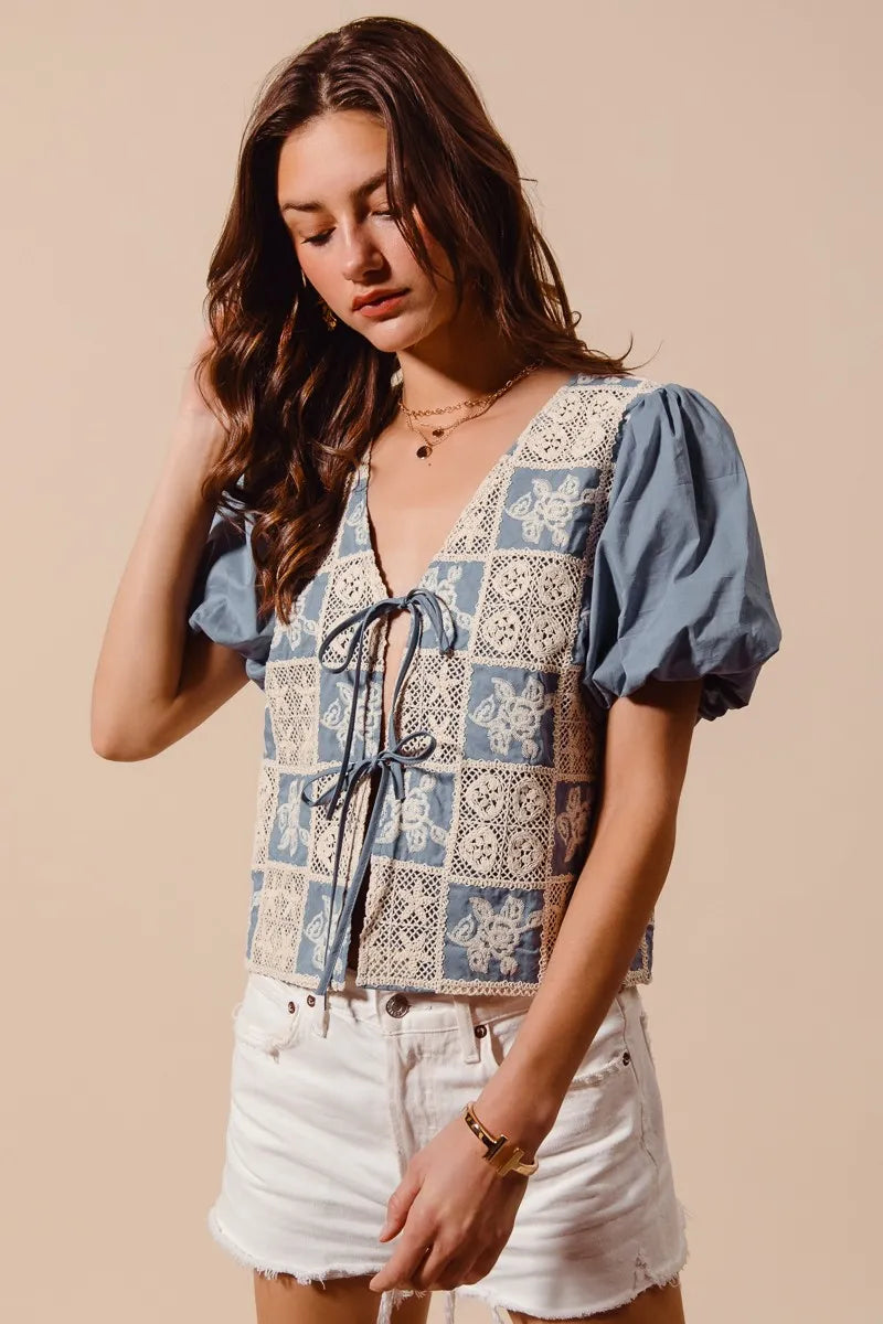 SO ME Crochet Lace Tie Front V Neck Blouse Top-Blouses-Trendsi-[option4]-[option5]-[option6]-[option7]-[option8]-Shop-Boutique-Clothing-for-Women-Online