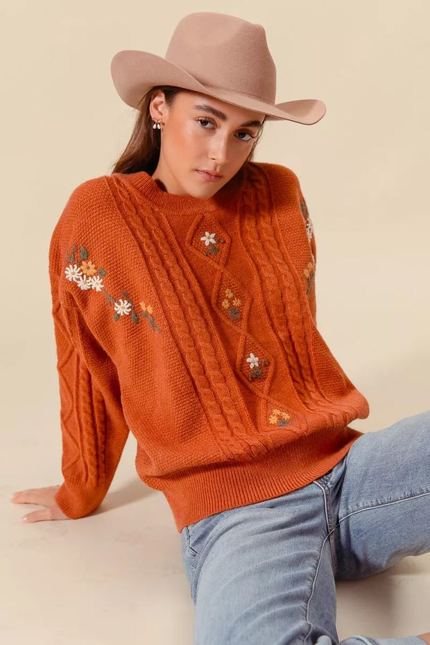 SO ME Embroidered Flower Cable Knitted Sweater-Sweaters-Trendsi-[option4]-[option5]-[option6]-[option7]-[option8]-Shop-Boutique-Clothing-for-Women-Online