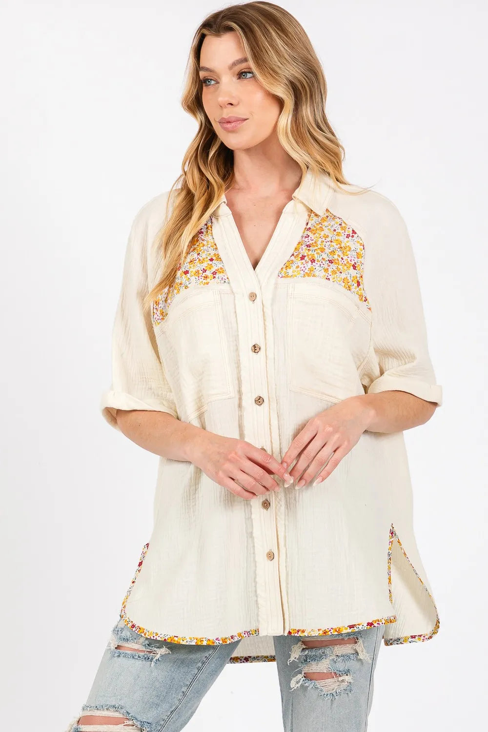 SAGE + FIG Full Size Floral Detail Button Up Short Sleeve Shirt-Tops-Trendsi-[option4]-[option5]-[option6]-[option7]-[option8]-Shop-Boutique-Clothing-for-Women-Online