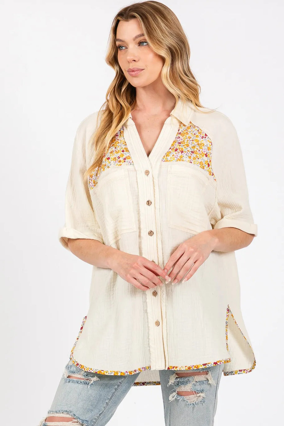 SAGE + FIG Full Size Floral Detail Button Up Short Sleeve Shirt-Tops-Trendsi-[option4]-[option5]-[option6]-[option7]-[option8]-Shop-Boutique-Clothing-for-Women-Online