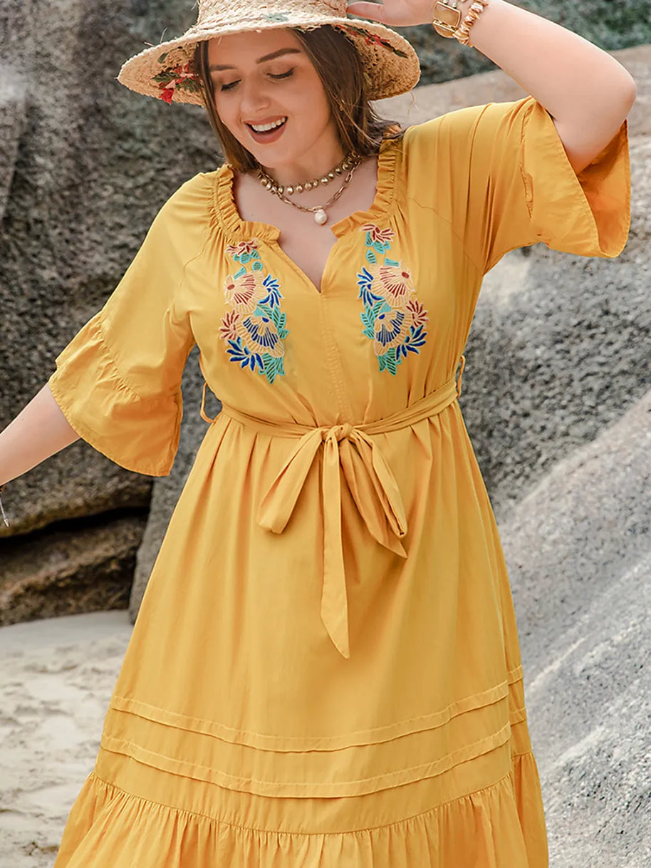 Plus Size Notched Tie Waist Half Sleeve Midi Dress-Dresses-Trendsi-[option4]-[option5]-[option6]-[option7]-[option8]-Shop-Boutique-Clothing-for-Women-Online