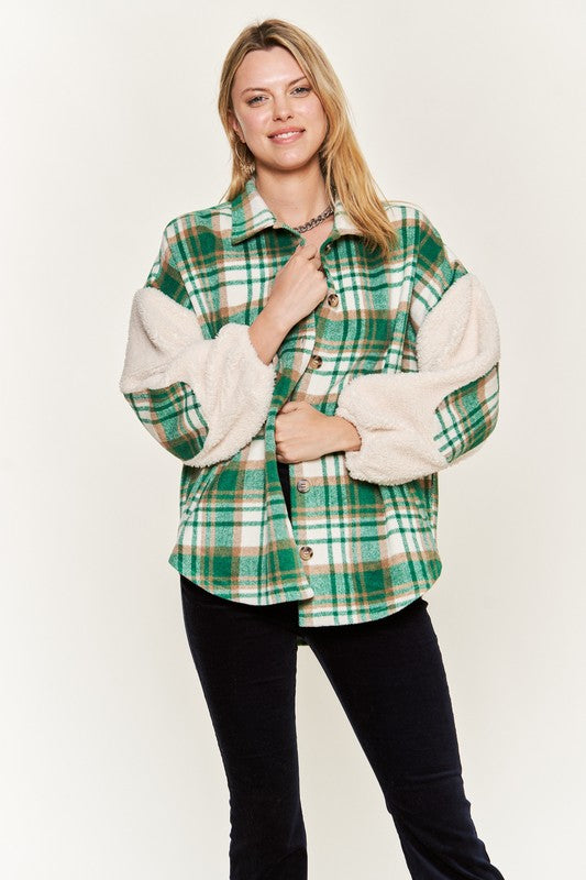 Multi plaid fuzzy sleeve jacket PLUS SIZE-Jade By Jane-Green-1X-[option4]-[option5]-[option6]-[option7]-[option8]-Shop-Boutique-Clothing-for-Women-Online