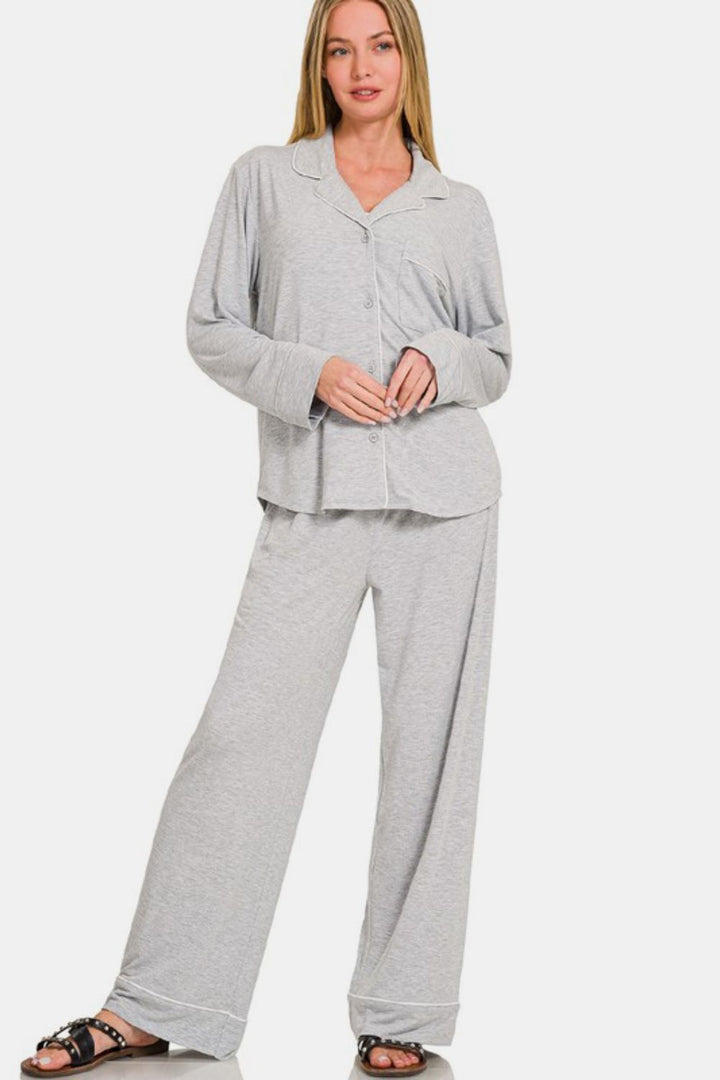 Zenana Button Down Long Sleeve Top and Pants Lounge Set-Trendsi-Light Gray-S-[option4]-[option5]-[option6]-[option7]-[option8]-Shop-Boutique-Clothing-for-Women-Online