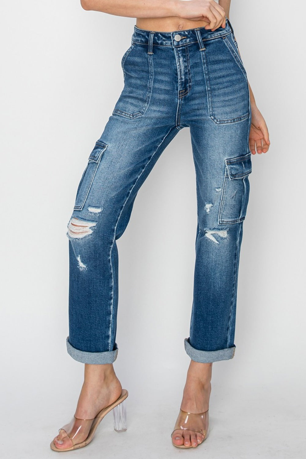 RISEN High Rise Cargo Ankle Roll Up Straight Jeans-Trendsi-[option4]-[option5]-[option6]-[option7]-[option8]-Shop-Boutique-Clothing-for-Women-Online