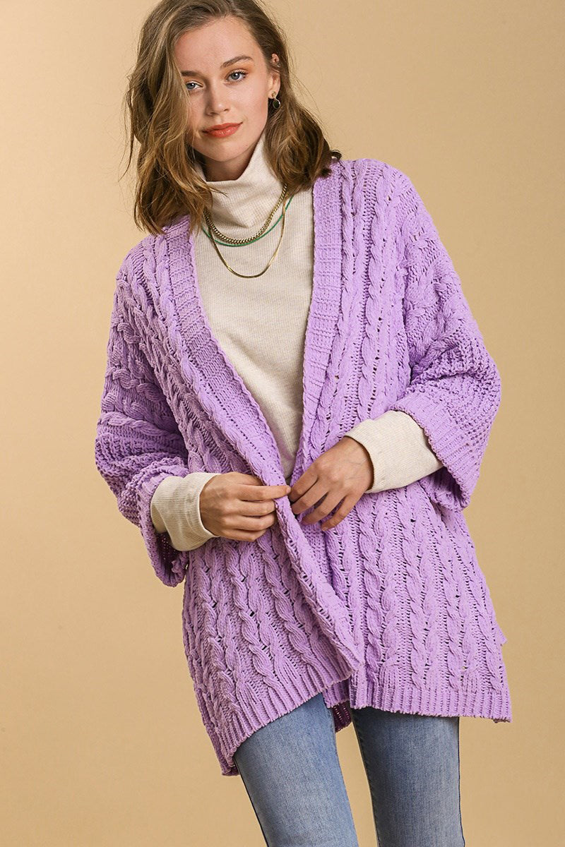 Umgee Cable Knit Open Front Long Sleeve Cardigan-Trendsi-Lilac-S/M-[option4]-[option5]-[option6]-[option7]-[option8]-Shop-Boutique-Clothing-for-Women-Online