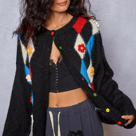 POL Button Down Diamond Pattern Round Neck Cardigan-Cardigan-Trendsi-[option4]-[option5]-[option6]-[option7]-[option8]-Shop-Boutique-Clothing-for-Women-Online