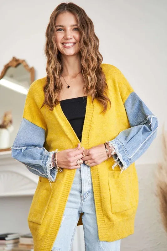 ADORA Full Size Frayed Denim Sleeve Sweater Cardigan-Coats & Jackets-Trendsi-[option4]-[option5]-[option6]-[option7]-[option8]-Shop-Boutique-Clothing-for-Women-Online