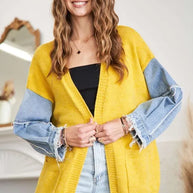 ADORA Full Size Frayed Denim Sleeve Sweater Cardigan-Coats & Jackets-Trendsi-[option4]-[option5]-[option6]-[option7]-[option8]-Shop-Boutique-Clothing-for-Women-Online