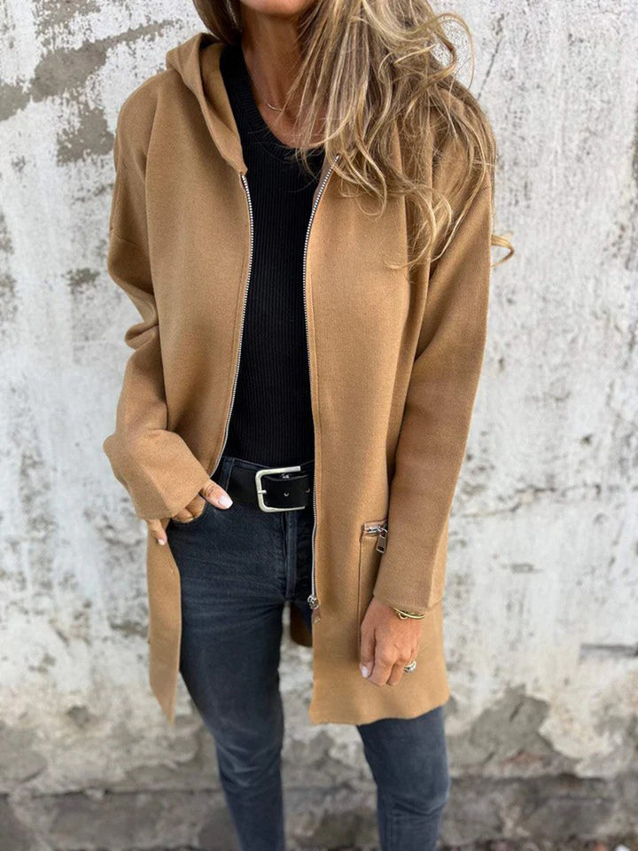 Zip Up Drop Shoulder Longline Hooded Jacket-Trendsi-Camel-S-[option4]-[option5]-[option6]-[option7]-[option8]-Shop-Boutique-Clothing-for-Women-Online