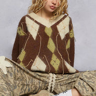 POL V-Neck Argyle Pattern Mohair Sweater with Contrast Exposed Stitch Detail-sweater-Trendsi-[option4]-[option5]-[option6]-[option7]-[option8]-Shop-Boutique-Clothing-for-Women-Online