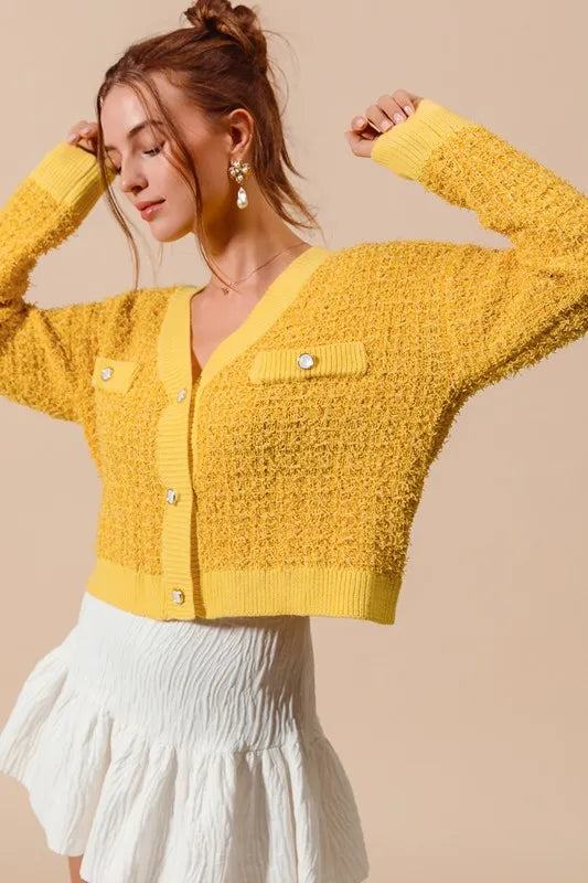 SO ME Frayed Tweed Knit Buttoned Front Cardigan-Cardigan-Trendsi-[option4]-[option5]-[option6]-[option7]-[option8]-Shop-Boutique-Clothing-for-Women-Online