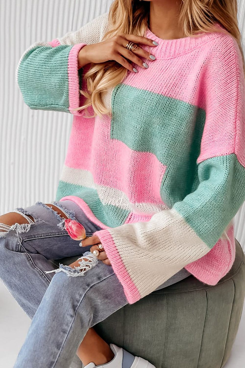 Color Block Round Neck Drop Shoulder Sweater-Trendsi-[option4]-[option5]-[option6]-[option7]-[option8]-Shop-Boutique-Clothing-for-Women-Online