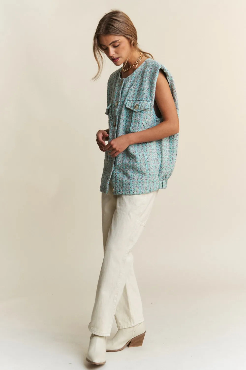 J.NNA Frayed Tweed Padded Shoulder Vest-Vest-Trendsi-[option4]-[option5]-[option6]-[option7]-[option8]-Shop-Boutique-Clothing-for-Women-Online