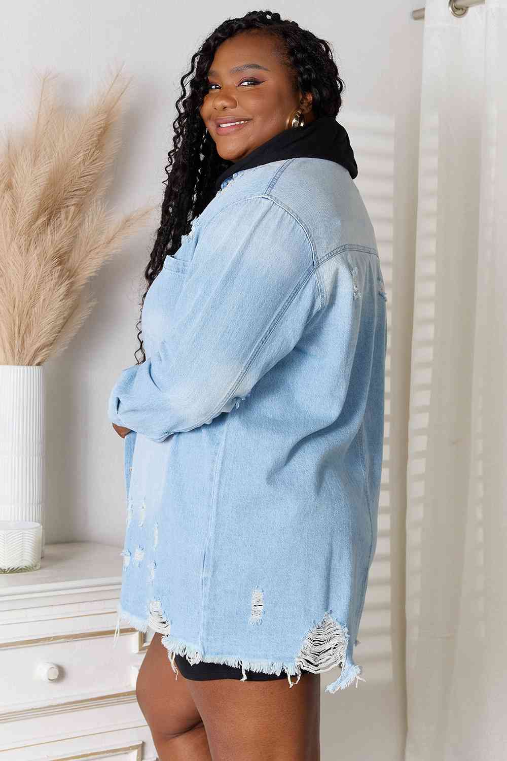 RISEN Distressed Raw Hem Denim Jacket-The Bee Chic Boutique-[option4]-[option5]-[option6]-[option7]-[option8]-Shop-Boutique-Clothing-for-Women-Online