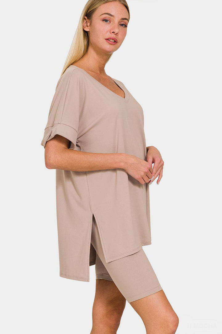 Zenana V-Neck Short Sleeve Slit T-Shirt and Shorts Set-Trendsi-Ash Mocha-S-[option4]-[option5]-[option6]-[option7]-[option8]-Shop-Boutique-Clothing-for-Women-Online