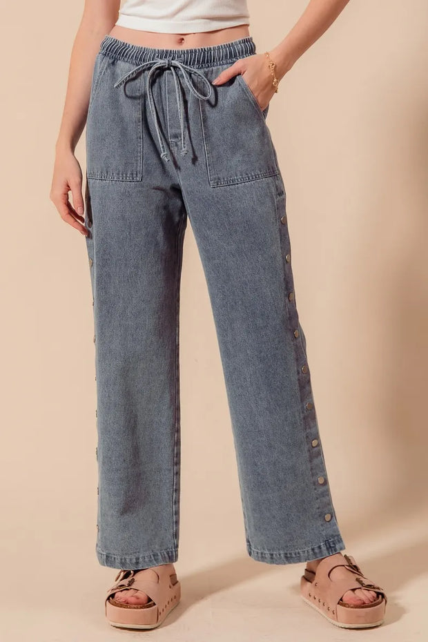 SO ME Mid Rise Drawstring Jeans with Side Snap Button-Jeans-Trendsi-[option4]-[option5]-[option6]-[option7]-[option8]-Shop-Boutique-Clothing-for-Women-Online