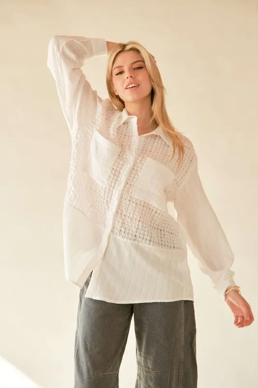 Davi & Dani Crinkled Jacquard Button Down Shirt-Blouses-Trendsi-[option4]-[option5]-[option6]-[option7]-[option8]-Shop-Boutique-Clothing-for-Women-Online
