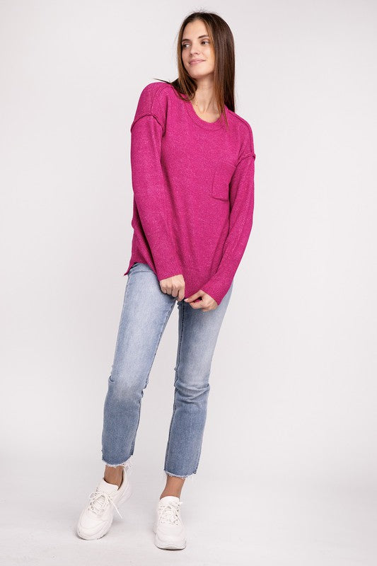 Zenana MELANGE HI-LOW HEM ROUND NECK SWEATER-ZENANA-[option4]-[option5]-[option6]-[option7]-[option8]-Shop-Boutique-Clothing-for-Women-Online