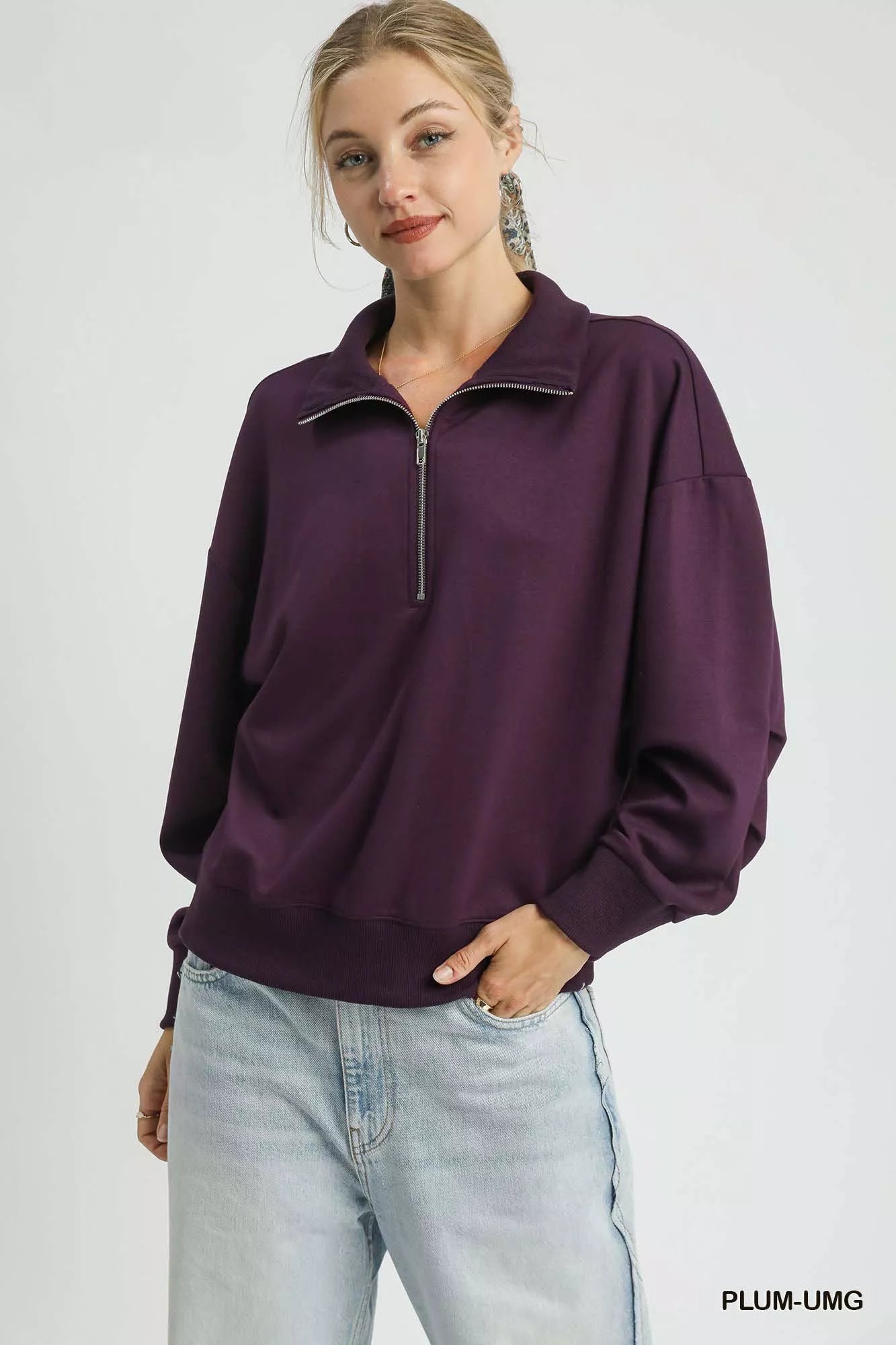 Umgee Half Zip Drop Shoulder Sweatshirt-Sweatshirts-Trendsi-[option4]-[option5]-[option6]-[option7]-[option8]-Shop-Boutique-Clothing-for-Women-Online