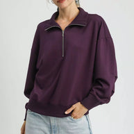 Umgee Half Zip Drop Shoulder Sweatshirt-Sweatshirts-Trendsi-[option4]-[option5]-[option6]-[option7]-[option8]-Shop-Boutique-Clothing-for-Women-Online