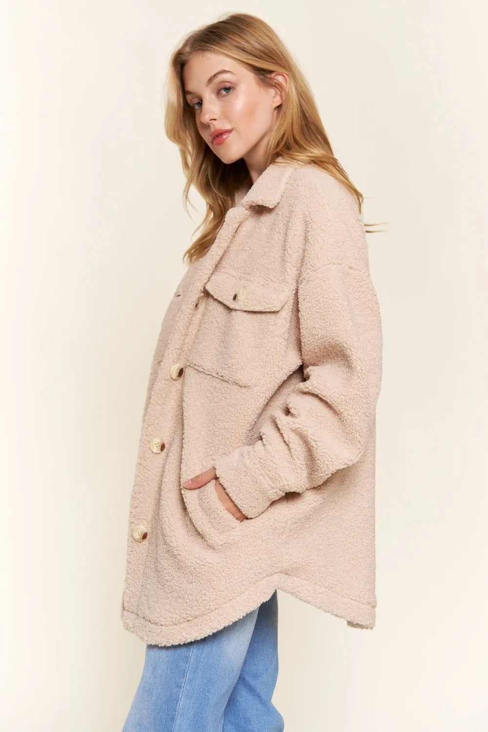 And The Why Teddy Sherpa Button Down Curved Hem Shacket-Womens Outerwear/Shacket-Trendsi-[option4]-[option5]-[option6]-[option7]-[option8]-Shop-Boutique-Clothing-for-Women-Online
