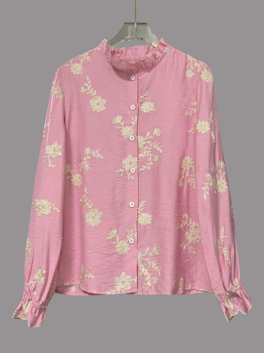 Flower Button Up Long Sleeve Shirt-Tops-Trendsi-[option4]-[option5]-[option6]-[option7]-[option8]-Shop-Boutique-Clothing-for-Women-Online