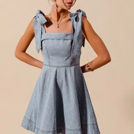 SO ME A Line Fit and Flare Diamond Bow Ribbon Denim Dres-Dresses-Trendsi-[option4]-[option5]-[option6]-[option7]-[option8]-Shop-Boutique-Clothing-for-Women-Online